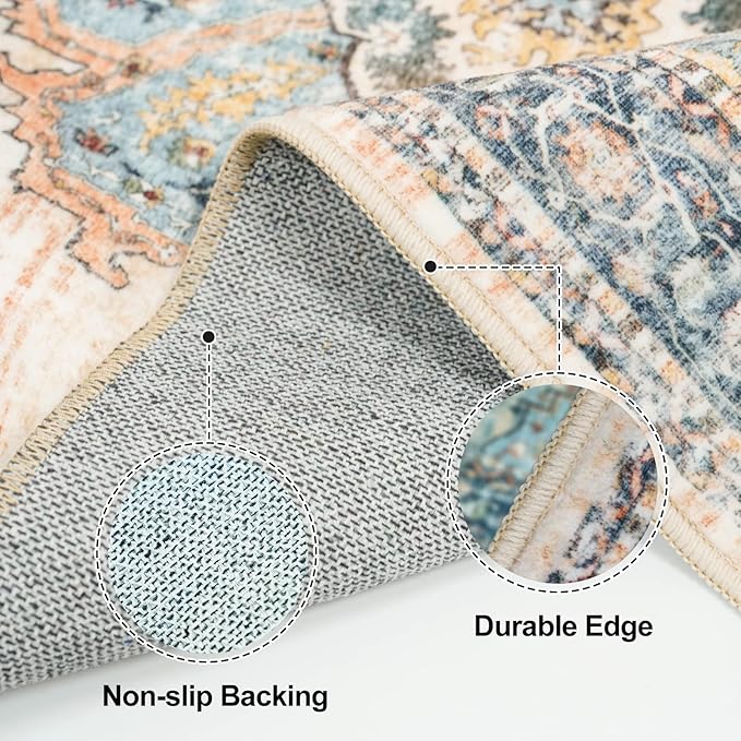 TOPRUUG 2x5 Hallway Runner Rug: Washable Non-Slip Rugs for Kitchen Vintage Water Resistant Entryway Rug Ultra-Thin Soft Living Room Bedroom Carpet Low Pile Durable Floor Mat for Bathroom (Blue, 2X5)