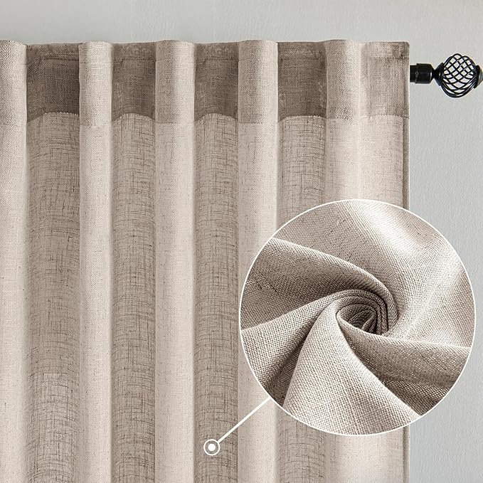MIULEE Natural Linen Curtains 108 Inches Long 2 Panels for Bedroom Living Room, Soft Linen Textured Window Drapes Semi Sheer Light Filtering Back Tab Rod Pocket Farmhouse Modern Burlap Look Decor