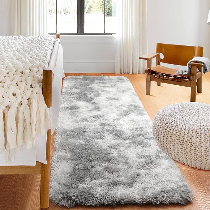 ONASAR 2x6 Runner Rugs for Bedroom Living Room, Fluffy Tie-Dyed Light Grey Bedside Hallway Throw Area Rug, Ultra Soft Plush Furry Floor Carpet Mat for Nursery Kids Dorm Closet Home Decor