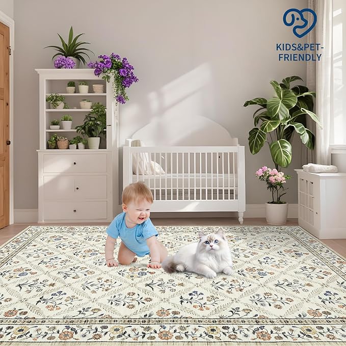 Runner Rug for Hallway Entryway 2.5x8 Farmhouse Floral Non-Slip Machine Washable Kitchen Rug Runner Non-Shedding Low-Pile Soft Long Carpet for Entrance Laundry Room Beige
