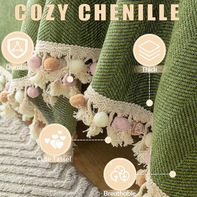 HANDONTIME Green Sofa Cover Vintage Couch Cover for Dogs 91" X118" Couch Cushion Covers with Tassel Herringbone Sofa Cover Boho Sofa Covers for 3 Cushion Couch Chenille Soft Loveseat Sofa Covers