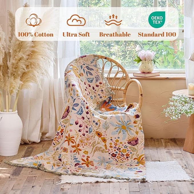 MSGKV Boho Throw Blanket for Couch 100% Cotton 50"x60" Floral Blanket Sofa Chair Throws Spring Breathable Lightweight Farmhouse Blankets Home Decor All Seasons