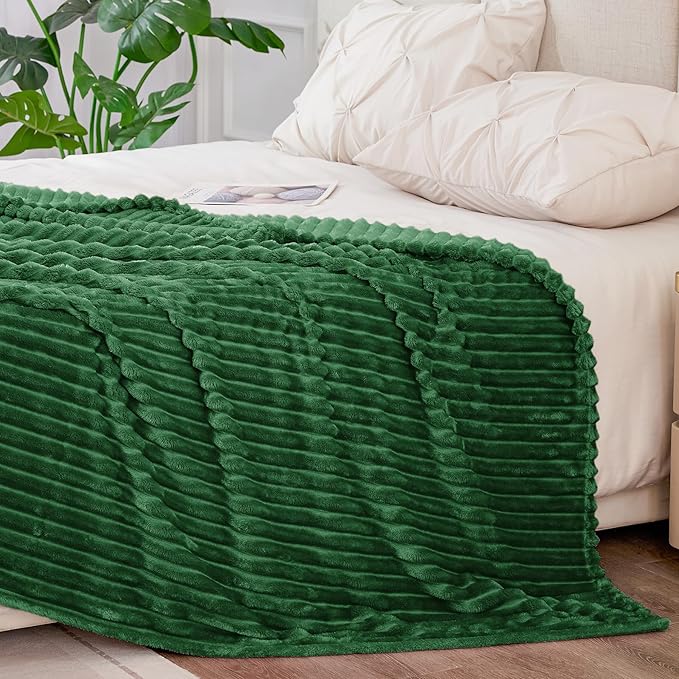 BEDELITE Fleece Blanket Queen Size – 3D Ribbed Jacquard Soft and Warm Decorative Fuzzy Blankets – Cozy, Fluffy, Plush Lightweight Throw Blankets for Couch, Bed, Sofa(Green, 90x90 inches)