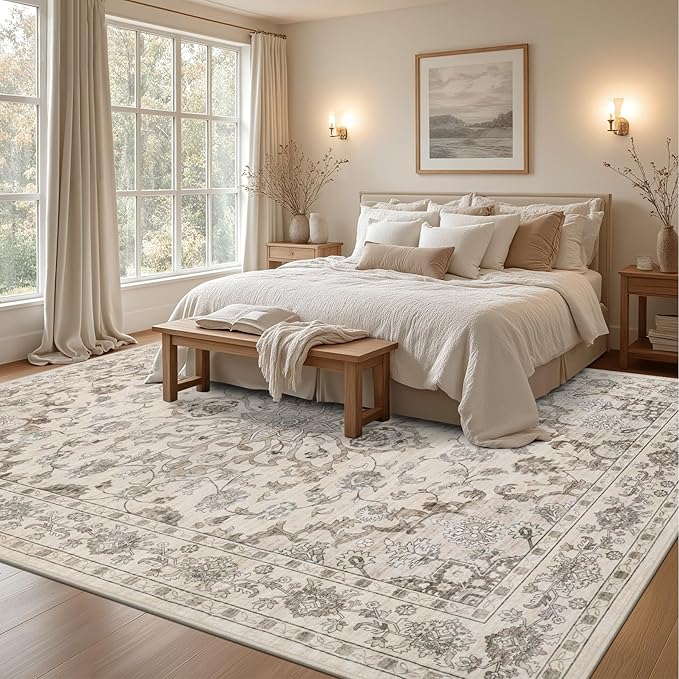 Area Rugs 9x12 Living Room Rug: Washable Rug Soft Vintage Distressed Floral Carpet Indoor Non-Slip Stain Resistant Large Carpets for Bedroom Dining Room Farmhouse Nursery Home Office Brown Beige