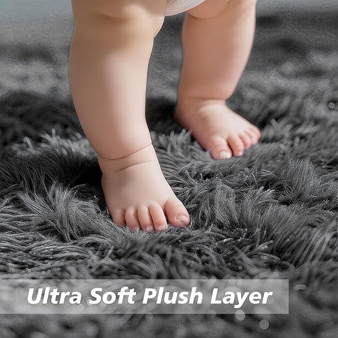 Ultra Soft Fluffy Area Rugs for Bedroom Living Room 10x12, Nursery Rug, Non-Slip Carpet for Kids Dorms Decor, Shaggy Bedside Rug, Deep Grey