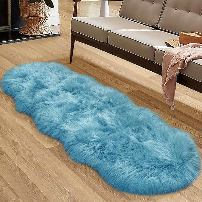 Faux Fur Rug for Bedroom, Fluffy Runner Rugs Soft Sheepskin Rug Sofa Couch Seat Cushion, 2x6ft Sky Blue Plush Area Rug Shag Rugs Floor Carpets for Nursery Bedside, Cute Shaggy Fuzzy Home Decor