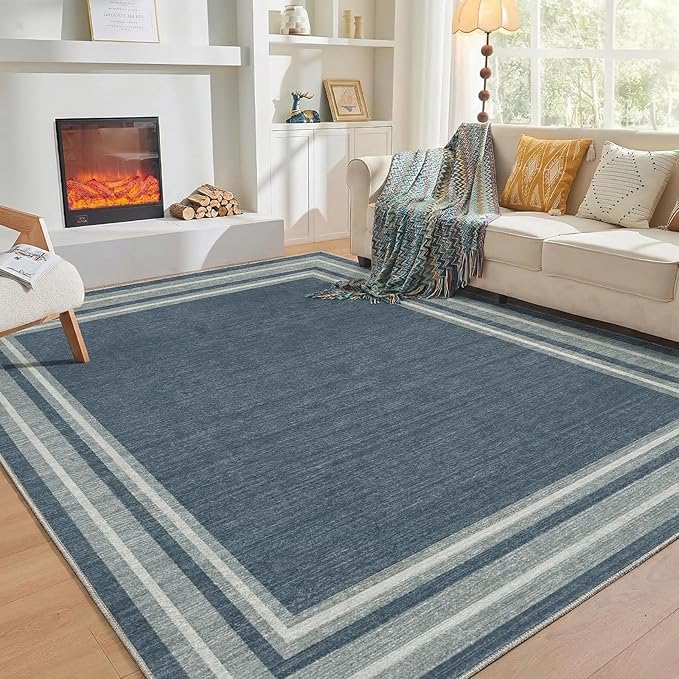 OPPODREAM Border Soft Area Rugs 6x9, Washable Blue Rug with Non Slip Backing, 6 x 9 Faux Cashmere Low-Pile 6x9 Carpet