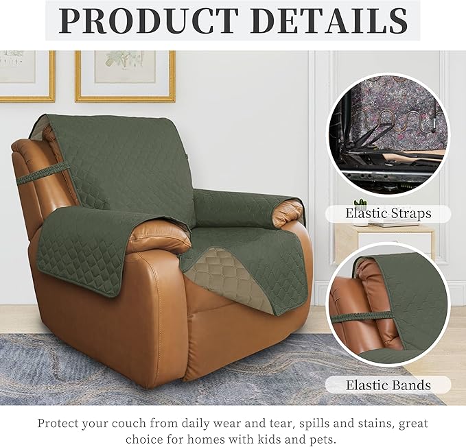 ISSUNTEX Double Protection 100% Waterproof Recliner Covers for Living Room, Reversible Furniture Protector Recliner Couch Sofa Slipcover for Dogs, Pets, Kids (Oversized Recliner, Greyish Green/Beige)
