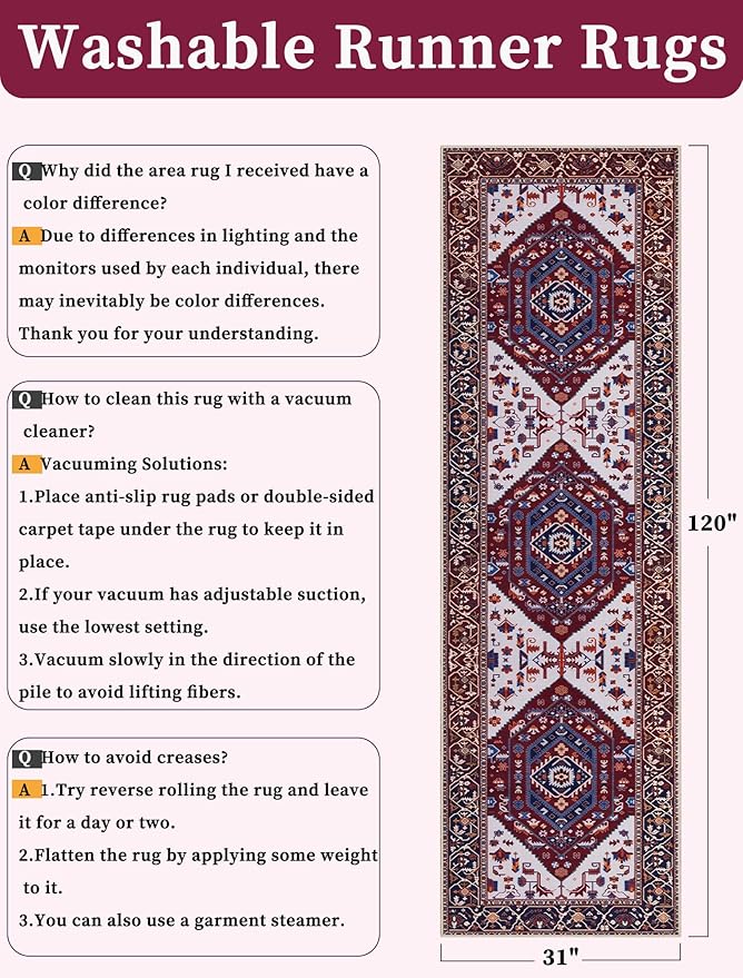 SERISSA Runner Rug for Hallways, 2'6"x10' Washable Non Slip Kitchen Runner Rug, Long Boho Rug Vintage Burgundy Navy Hallway Stair Ultra Soft Print Floor Carpet for Bedroom Bathroom Laundry Room