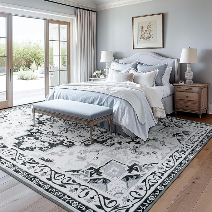 Rugflix 6x9 Area Rug for Living Room, Machine Washable Area Rugs with Non-Slip Backing, Large Soft Boho Vintage Rug for Bedroom, Dining Room, Low Pile Carpet, Kids Pet Friendly, Grey