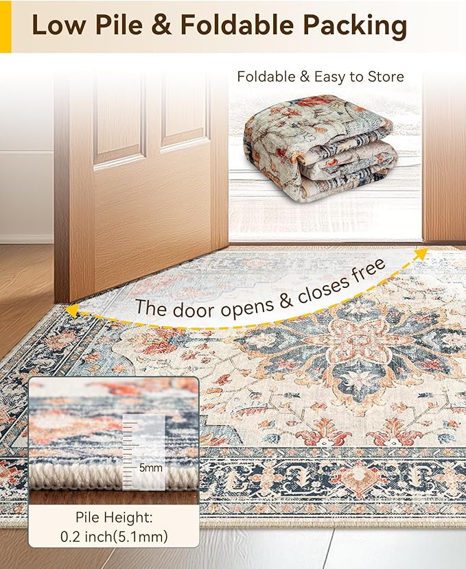 Area Rugs 4'x6' Washable Non-Slip, Floral Vintage Distress Print Pattern Medallion Carpet for Living Room Bedroom Dining Room, Beige Navy Blue Orange Colorful