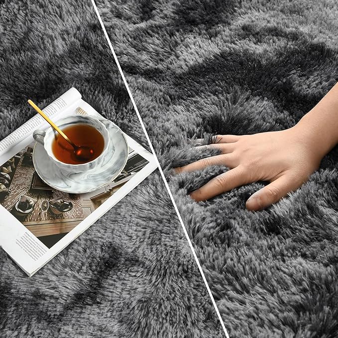 Deerhoo Shag Area Rug, 4 X 6 Tie-Dyed Plush Fuzzy Rugs for Living Room, Ultra Soft Fluffy Furry Rug for Bedroom, Indoor Carpet Nursery Rugs for Kids Room Home Decor, Dark Grey