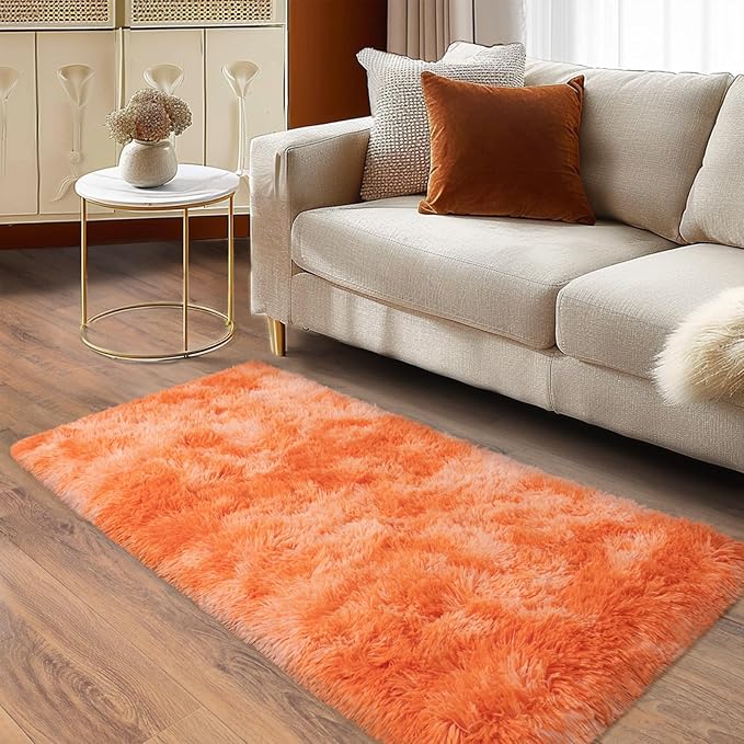 Soft Runner Rugs for Bedroom Hallways, 2x4 Tie-Dyed Orange Fluffy Shag Throw Area Rug Non Slip for Bedside Dorm, Long Shaggy Furry Carpet for Nursery Living Room