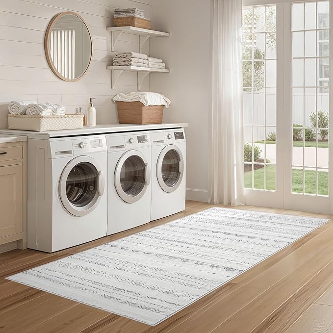 Nakagishi Runner Rug Kitchen Washable Rugs: 3x8 Non-Slip Boho Soft Modern Stain Resistant Indoor Floor Neutral Farmhouse Throw Carpet for Hallway Bathroom Laundry Room Entryway Bedroom- Grey