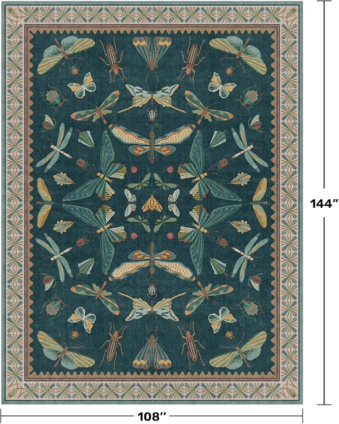 Hazo Haus 9x12 Large Living Room Rug - Dark Teal Multi Dining Room Rugs for Under Table, Bedroom, Kids Room, Classroom, Insect Butterfly Floral Décor, Lightweight Non Slip Low Pile