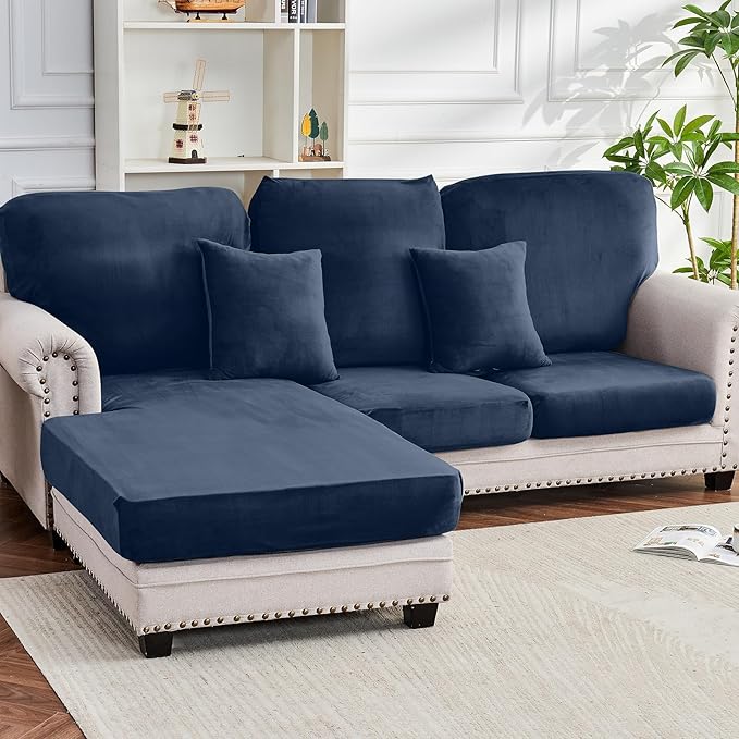 Couch Cover 6-Piece Elastic Velvet Couch Cushion Covers & Chaise Slipcovers for L-Shaped Sofas, Sofa Seat Covers Washable, Soft Cover for Couches (5 Seater + Chaise, Berlin Blue)