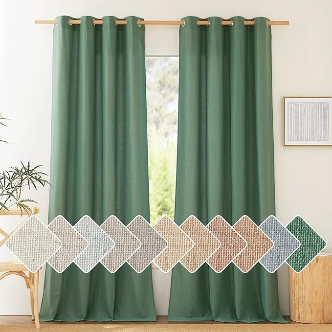 NICETOWN Flax Linen Olive Green Curtains 108 inches Long, Grommet Privacy Semi Sheer Privacy Added with Light Filtering Window Treatment for Bedroom/Living Room, W55 x L108, 2 Panels