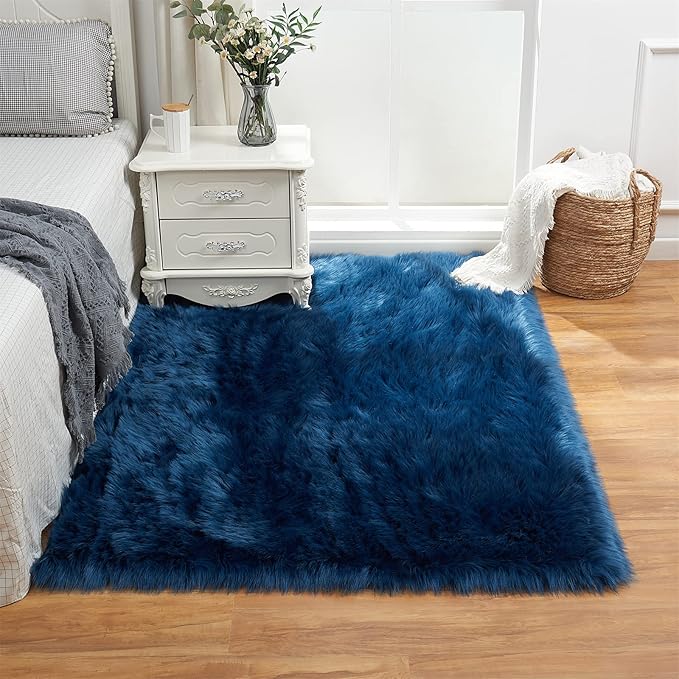 EasyJoy Ultra Soft Fluffy Shaggy Area Rug Faux Fur Rug Chair Cover Seat Pad Fuzzy Area Rug for Bedroom Floor Sofa Living Room (4 x 6 ft Rectangle,Dark Blue