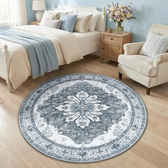 Area Rugs 4ft Washable Non-Slip, Floral Vintage Distress Print Pattern Medallion Carpet for Living Room Bedroom Dining Room, Light Gray Grey White
