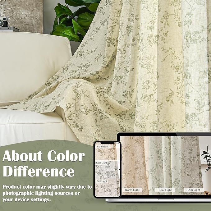 Lazzzy Floral Linen Curtains Farmhouse Extra Long Curtain for Living Room Bedroom Light Filtering Vintage Rod Pocket Back Tab Drapes for Home, 2 Panels, Green on Beige, W38 X L108