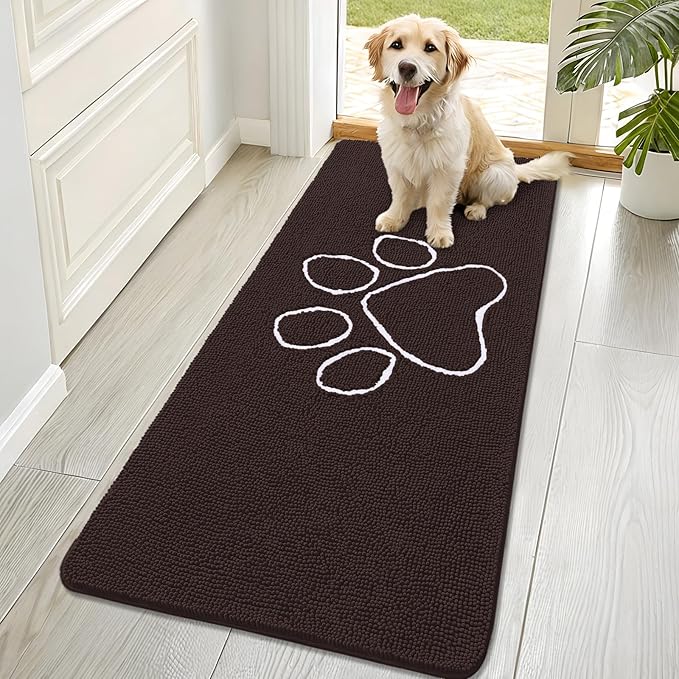 OLANLY Dog Door Mat for Muddy Paws 70x32, Paw Print Design, Absorbs Moisture and Dirt, Absorbent Non-Slip Washable Doormat, Quick Dry Chenille Mud Mat for Dogs, Entry Indoor Entryway Carpet, Brown