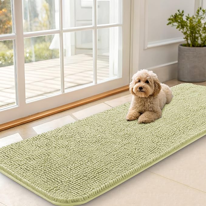 OLANLY Dog Door Mat for Muddy Paws 59x20, Absorbs Moisture and Dirt, Absorbent Non-Slip Washable Doormat, Quick Dry Chenille Mud Mat for Dogs, Entry Indoor Entryway Carpet for Inside Floor, Vanilla