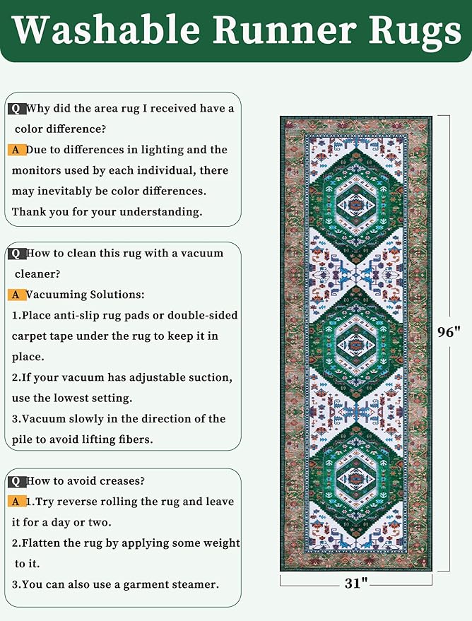 SERISSA Runner Rug for Hallways, 2'6"x8' Washable Non Slip Kitchen Runner Rug, Long Boho Rug Vintage Green White Hallway Stair Ultra Soft Print Floor Carpet for Bedroom Bathroom Laundry Room