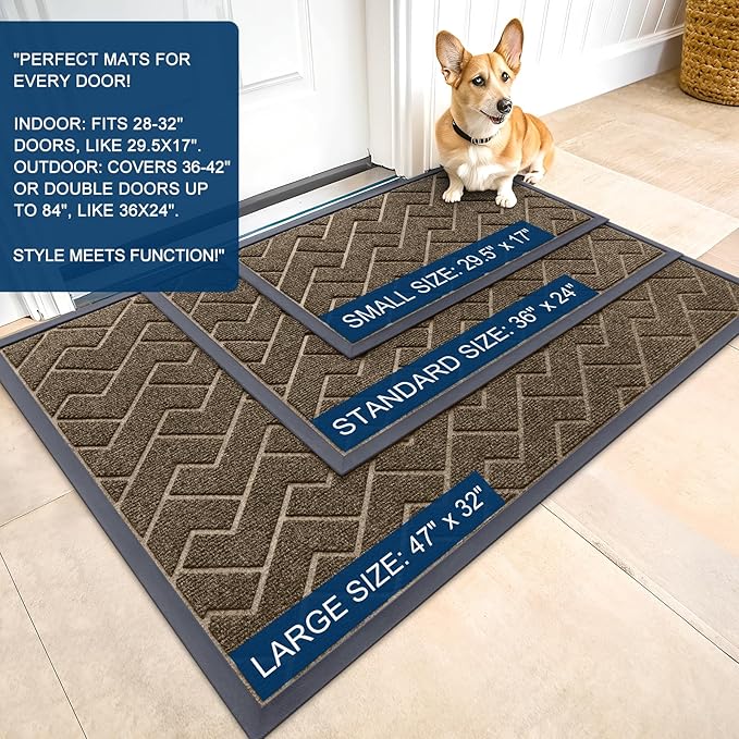 OLANLY Front Door Mat Indoor Outdoor Entrance, Waterproof All-Season, All-Weather Doormat, Sturdy Natural Rubber, Low Profile, Easy Clean Patio Porch Entryway Mat, Herringbone Brick (Brown, 71x23)