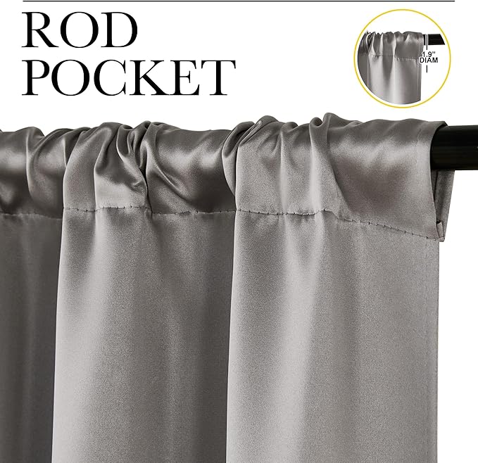 NICETOWN Room Darkening Cafe Satin Curtains for Small Windows, 42" Wide by 36" Long, 2 Panels, Chrome Gray, Rod Pocket Privacy Blackout Drapes for Laundry Room