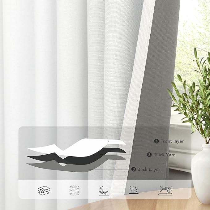 Black Out Curtains 63 Inch Long Small White Blackout Energy Saving Dining Room Darkening Curtain for Nursery Office Shabby Chic Faux Linen Kids Bedroom Curtains 63 Inch Length 2 Panels Back Tab Pocket