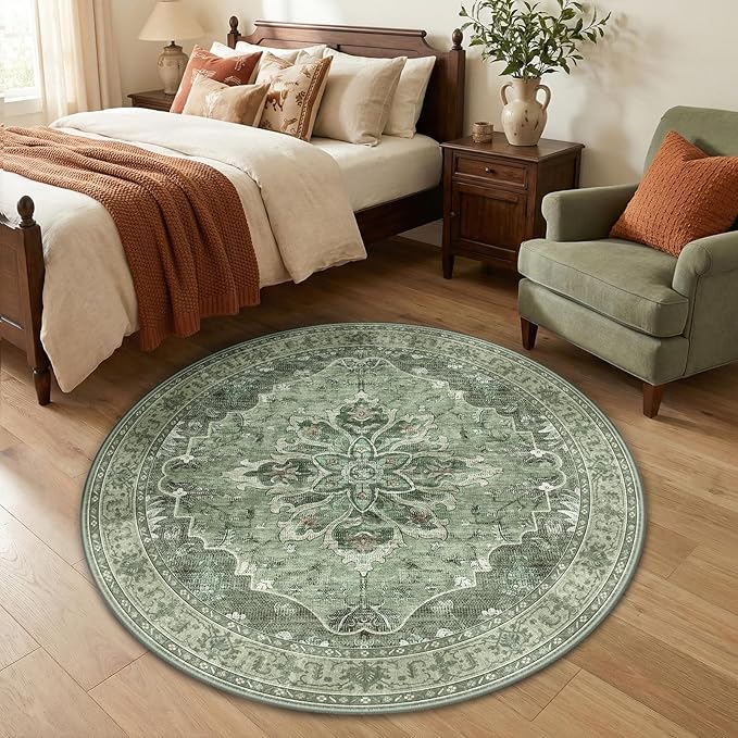RELEANY Area Rugs 4ft Washable Non-Slip, Floral Vintage Distress Print Pattern Medallion Carpet for Living Room Bedroom Dining Room, Dark Green Gray