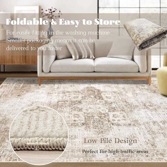 Area Rug 4x6 Washable Rug, Vintage Boho Medallion Rugs Non-Slip Soft Low Pile Distressed Rug Indoor Retro Carpet for Living Room Bedroom Dining Room Home Office (Brown, 4'x6')