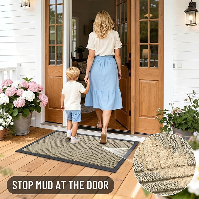 OLANLY Front Door Mat Outside Entrance 33x21, Absorbent, Heavy Duty Sturdy Natural Rubber Doormat Indoor Outdoor, Stain and Fade Resistant, Non-Slip Low Profile Floor Mat for Entryway, Beige Diamond