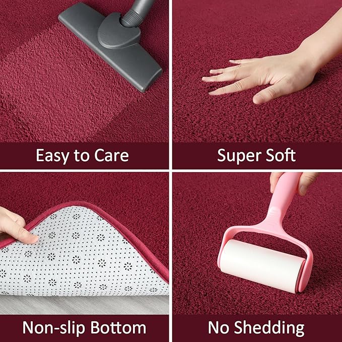 AROGAN Modern Shag Area Rug, 6x9 Feet Washable Bedroom Carpet, Plush Memory Foam Kids Girls Teens Room Low Pile Rug Decor, Wine Red