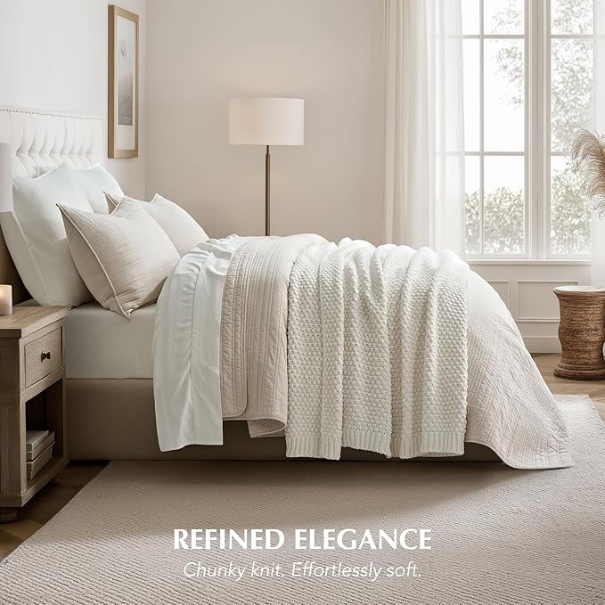 EVERGRACEHOME Chunky Chenille Knit Throw Blanket for Couch, Soft Luxurious Moss Stitch Blankets for Bed, Cozy Decorative Farmhouse Knitted Throws for Sofa, Bright White, 60" x 80"