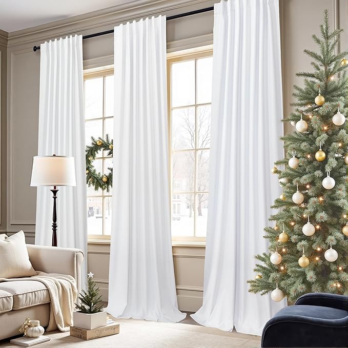 White Linen Complete Blackout Curtains 48 Inch Length for Kids Room 2 Panels Light Blocking Thermal Insulated Cold Reducing Noise Reduction Window Draperies for Bedroom Short Drapes 52 x 48 Long
