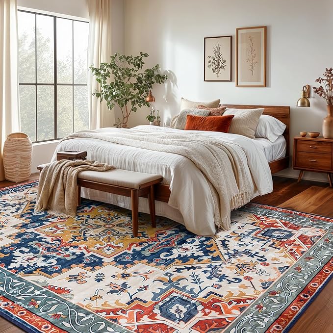 Rugflix 8x10 Area Rug for Living Room, Machine Washable Area Rugs with Non-Slip Backing, Large Soft Boho Vintage Rug for Bedroom, Dining Room, Low Pile Carpet, Kids Pet Friendly, Red