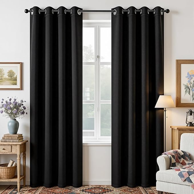 Joydeco Blackout Curtains 90 Inches Long 1 Panel, Thermal Insulated Long Curtains& Drapes 1 Piece, Room Darkening Grommet Drapes for Living Room Bedroom Window (W70 x L90 Inch, Black)