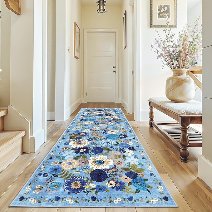 Rug for Hallways Kitchen Rug 3x7, Non Slip Washable Rugs with Rubber Backing Soft Floral Carpet Runner for Hallways, Kitchen, Laundry, Bedroom, Bathroom(3 x 7, Blue Garden)