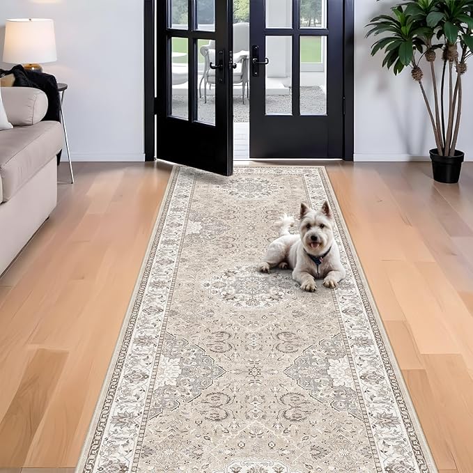 Washable 4x12 Wide Hallway Runners: 12ft Vintage Soft Runner Rug for Entryway Living Room Non Slip Water Resistant Carpet for Kitchen Dining Room Ultra Thin Nursery Bedroom Area Rug(Beige,4x12)