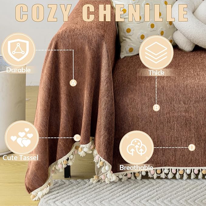 HANDONTIME Boho Style Sofa Cover with Tassels, Washable & Non-Slip Couch Cover for 3 Cushion Sofa, Herringbone Pattern Pet-Friendly Sofa Slipcover, Chocolate Color, 91"x118", Living Room Decor