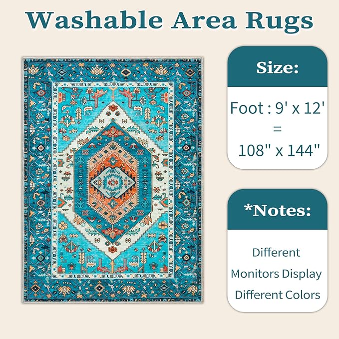 SERISSA 9x12 Area Rugs for Living Room, Large Washable Non-Slip Boho Rug, Ultra Soft Vintage Blue Oriental Print Distressed Farmhouse Carpet for Dining Room Bedroom Dorm Office Home Decor