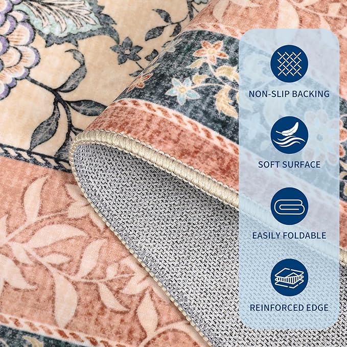 GarveeHome Terracotta Teal Washable 5x7 Area Rugs, Botanical Grove Vintage Cottage core Non-Slip Rug for Bedroom Living Room Nursery Kitchen Low-Pile Retro Carpet