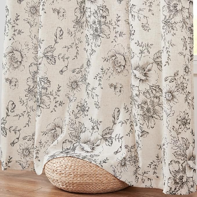 jinchan Floral Linen Lined Curtains for Living Room 84 Inches Long Farmhouse Printed Back Tab Drapes French Country Black Peony Patterned Bedroom Window Curtains Set 2 Panels