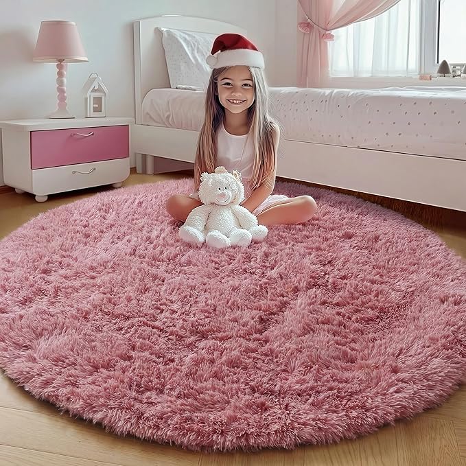 ONASAR Blush Round Area Rugs 4ft for Bedroom Living Room, Fluffy Circle Rug for Kids Girls Boys Teen, Soft Plush Shaggy Carpet for Nursery Dorm Classroom Playroom Home Decor Aesthetic