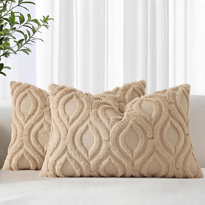 decorUhome Throw Pillow Covers 12x20 Inch Set of 2, Soft Plush Faux Wool Light Khaki Solid Couch Pillow Covers, Accent Farmhouse Neutral Rectangle Pillow Cases for Sofa Bed Living Room