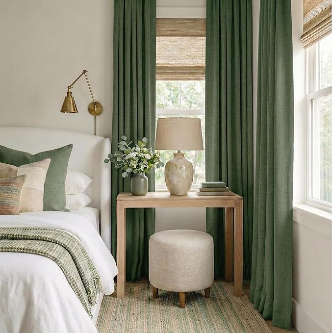 RYB HOME Olive Green 100% Blackout Linen Curtains 108 inches Long, Luxury Thermal Insulated Room Darkening Drapes for Living Room/Bedroom/Sliding Doors, Back Tab&Rod Pocket, W52xL108, 2 Panels