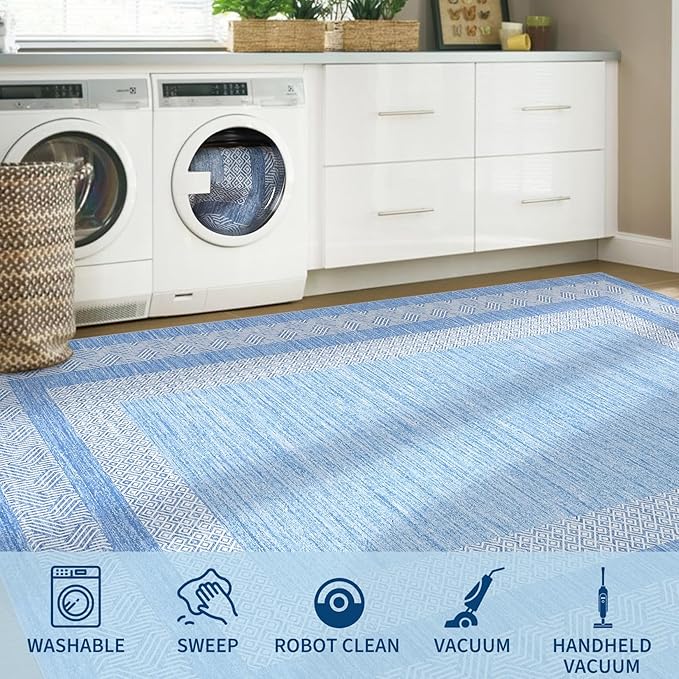 GarveeHome 2.5x8 Modern Bordered Runner Rug Soft Non Slip Washable Floor Carpet Distressed Geometric Hallway Indoor Printed Rug for Kitchen Entrance, Light Blue