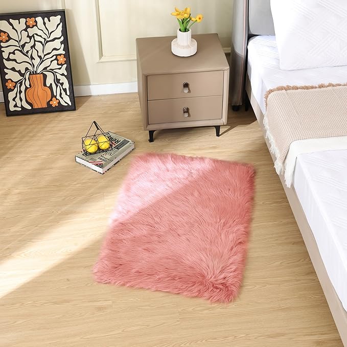 ORINOVA Pink Fluffy Sheepskin Fur Area Rugs for Bedroom Washable Furry Carpet Rug for Living Room Faux Fur Rug 2x3 Nursery