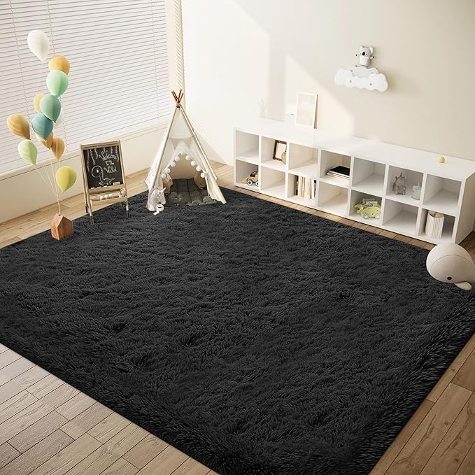 8x10 Area Rugs for Living Room: Fluffy Shag Soft Washable Rug Large Fuzzy Plush Indoor Carpet for Bedroom Nursery Playroom Kids Girls Boys Room (Black, 8'x10')